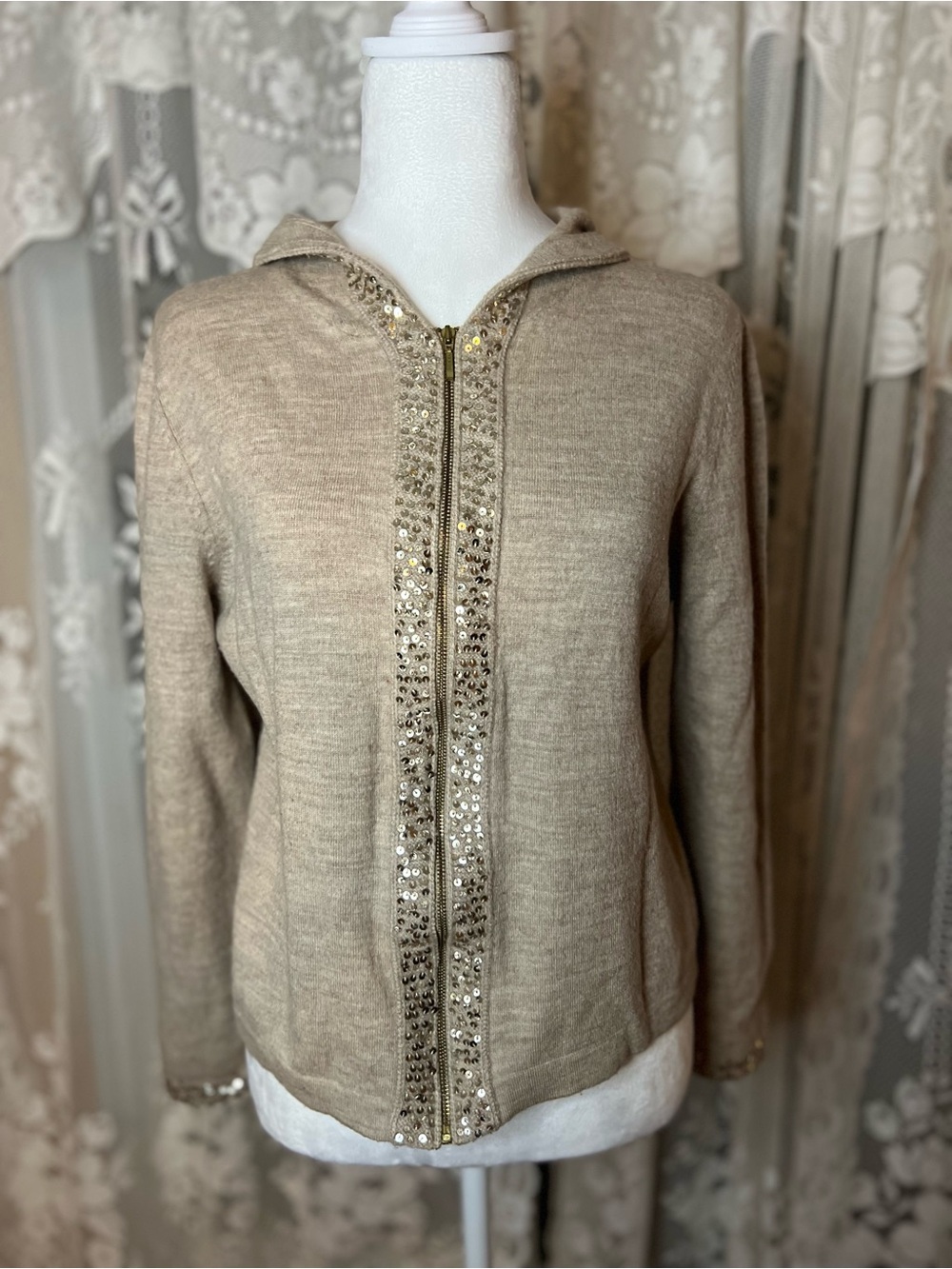 100% Merino Wool mercer & madison Beige Hooded Zip Cardigan with Sequin Trim